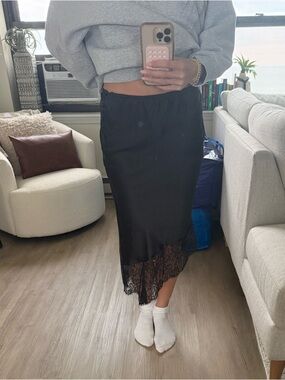 Anthropologie Black Lace-Hem Midi Slip Skirt